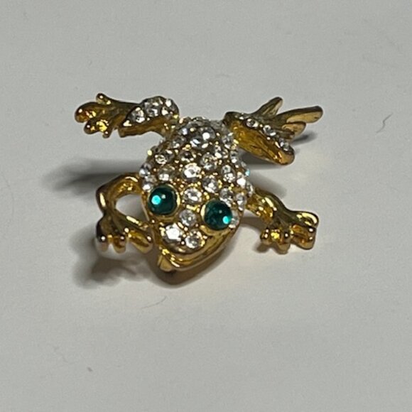 Clear Green Rhinestones Gold Tone Leaping Frog Brooch Pin 1.25" - Picture 3 of 14